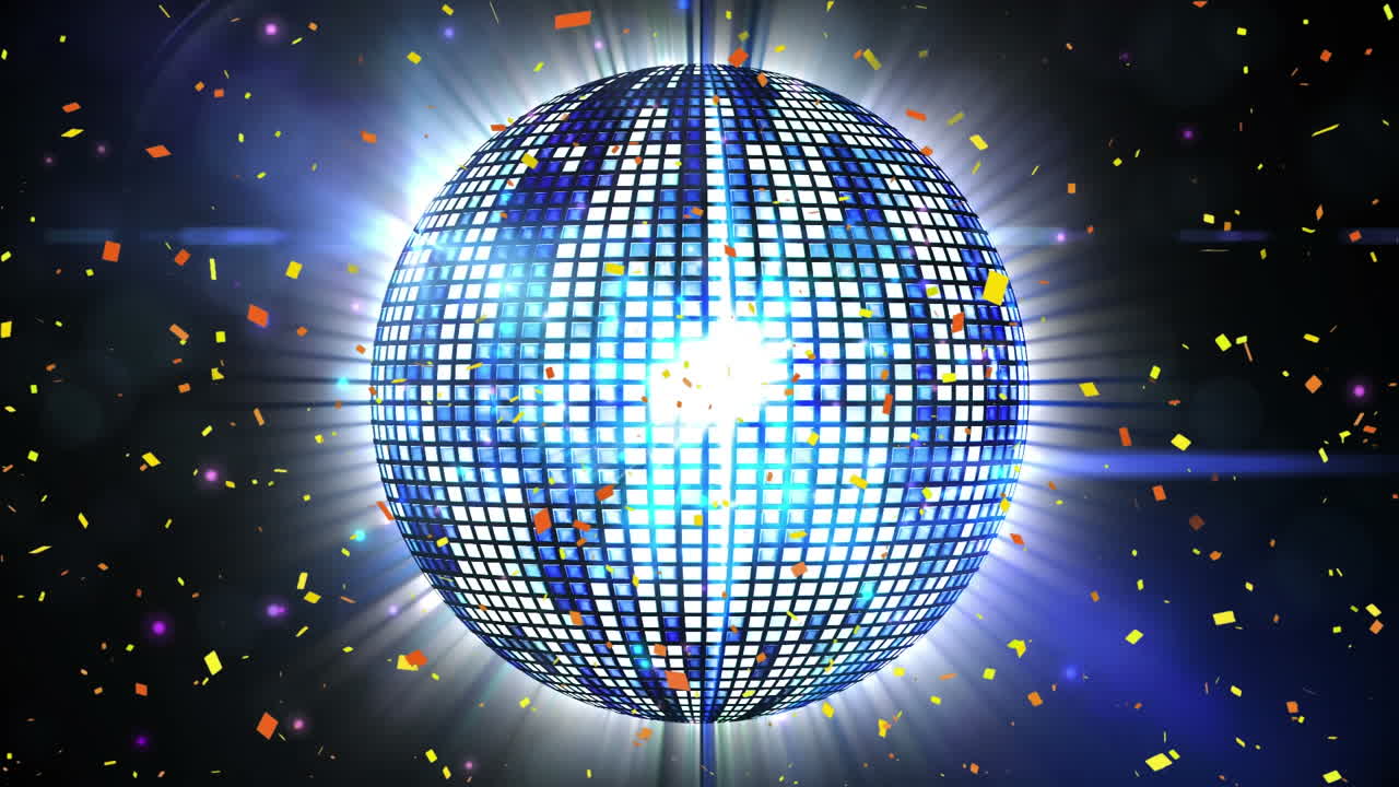 Animazione di coriandoli che cadono su palla da discoteca che gira su sfondo nero.