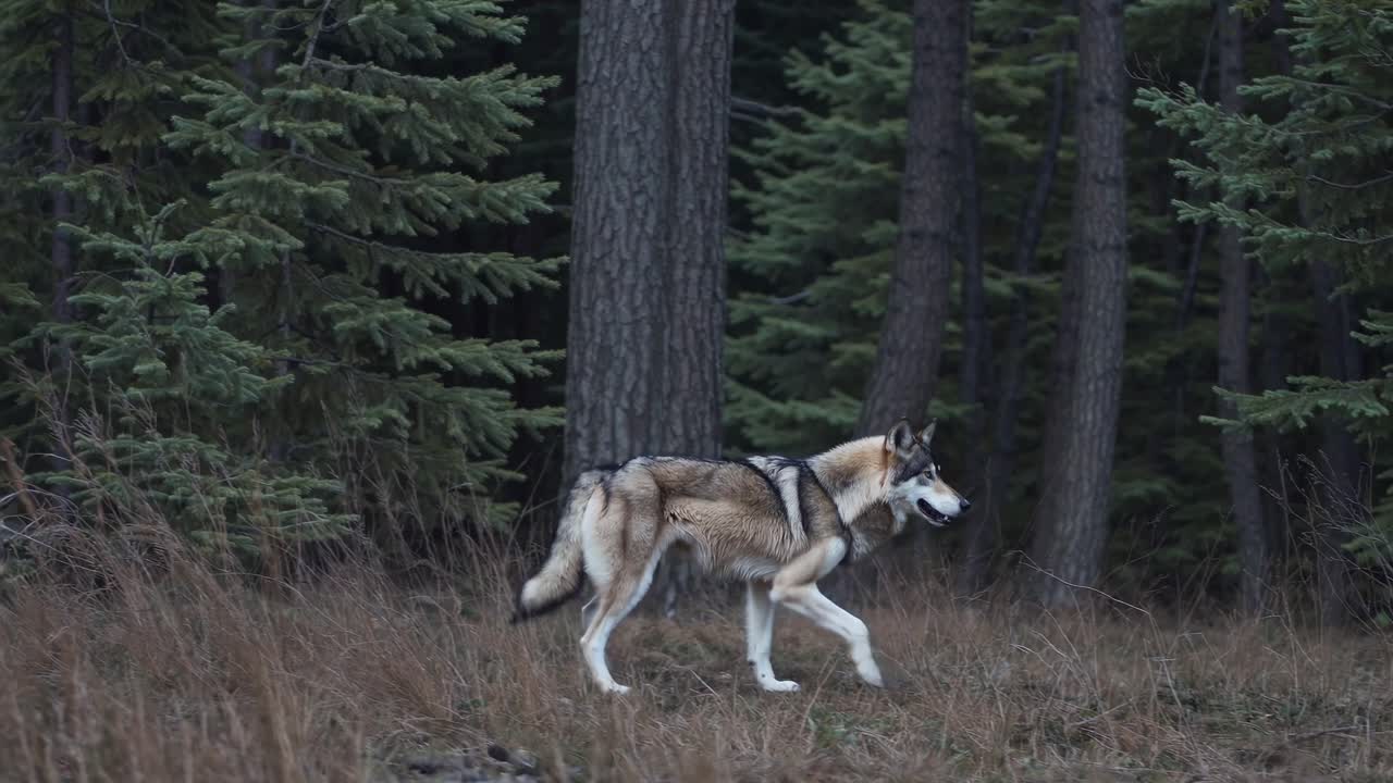 A wolf strides through a dense forest, captured in a side profile video shot