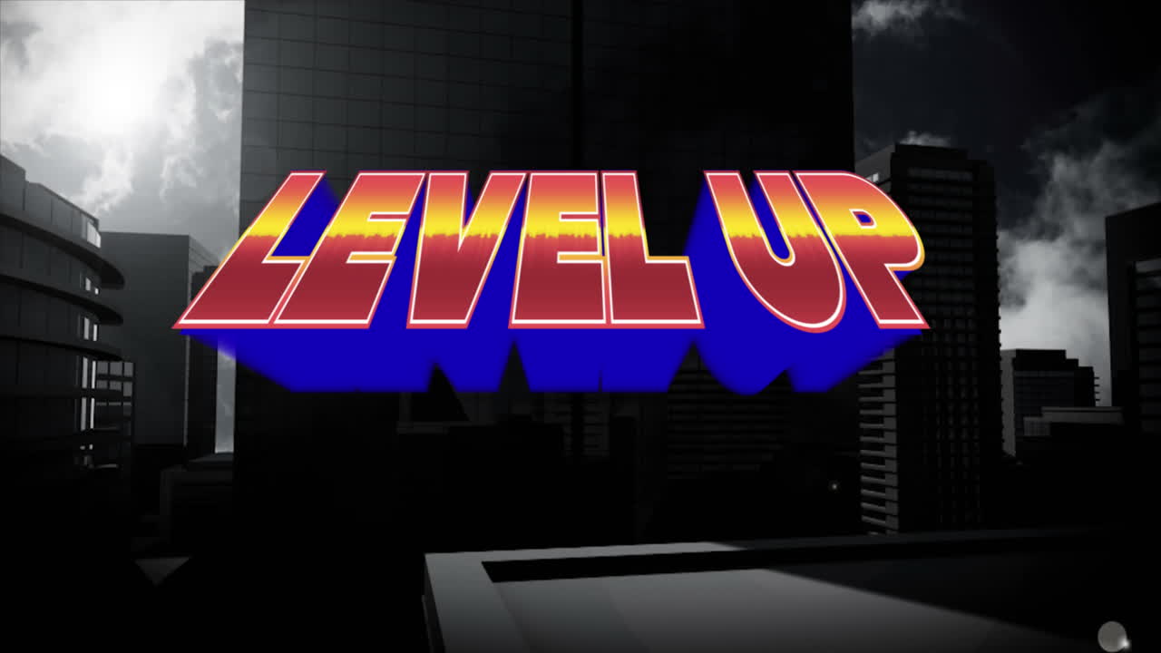 도시 풍경 위에 빨간색과 노란색 문자로 레벨 업 텍스트의 애니메이션