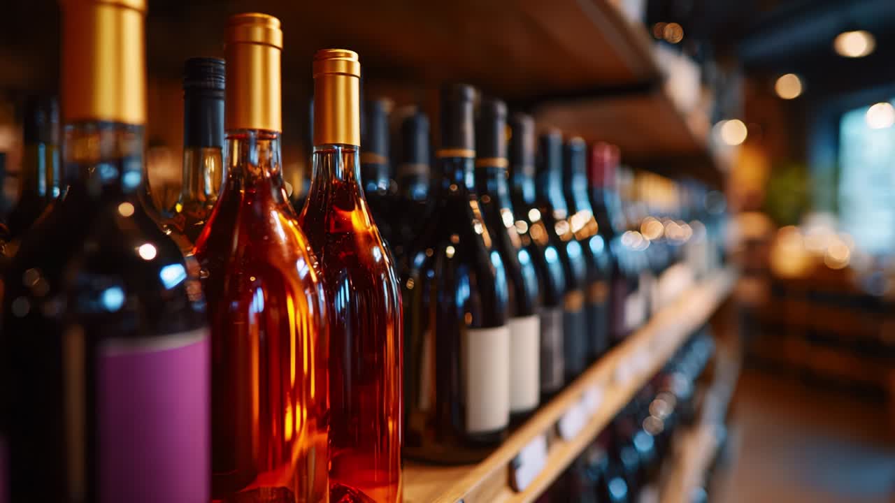 A Captivating Display of Wine Bottles on Rustic Shelves, Highlighting a Variety of Labels and Colors, Perfectly Arranged in a Cozy Lighted Environment for Wine Enthusiasts and Collectors