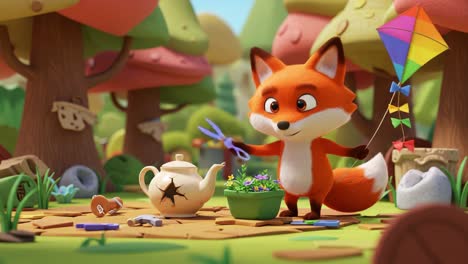 a playful fox tends to its vibrant garden, showcasing creativity with a tea pot and colorful kite amidst a whimsical forest backdrop filled with charm and adventure