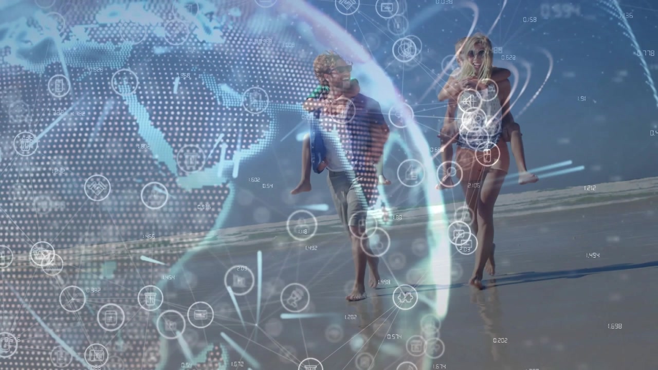 Vertical video: Family walking near sand causing tech globe icons drifting over adults with kids