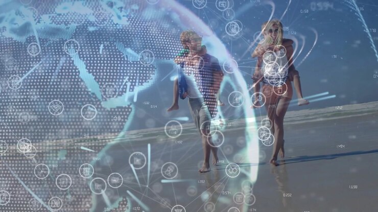 Vertical video: Family walking near sand causing tech globe icons drifting over adults with kids