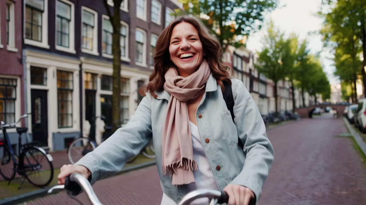 Joyful Woman Cycling Through European City Streets