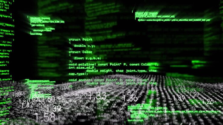 Upon script start green code scrolling across grid, numbers drifting and highlight framing snippet