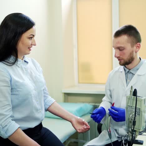 female patient at checkup. doctor preparing woman for scan in hospital