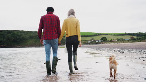 Rear-View-Of-Loving-Couple-Walking-Arm-In-Arm-Along-Beach-Shoreline-On-Winter-Vacation