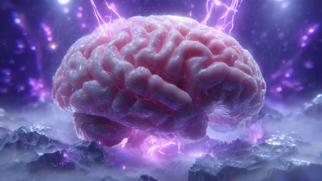 Una visualizzazione straordinaria di un cervello umano circondato da corrente elettrica ed effetti eterei, che cattura le complessità del pensiero e dell'attività neurale in un'atmosfera vivace