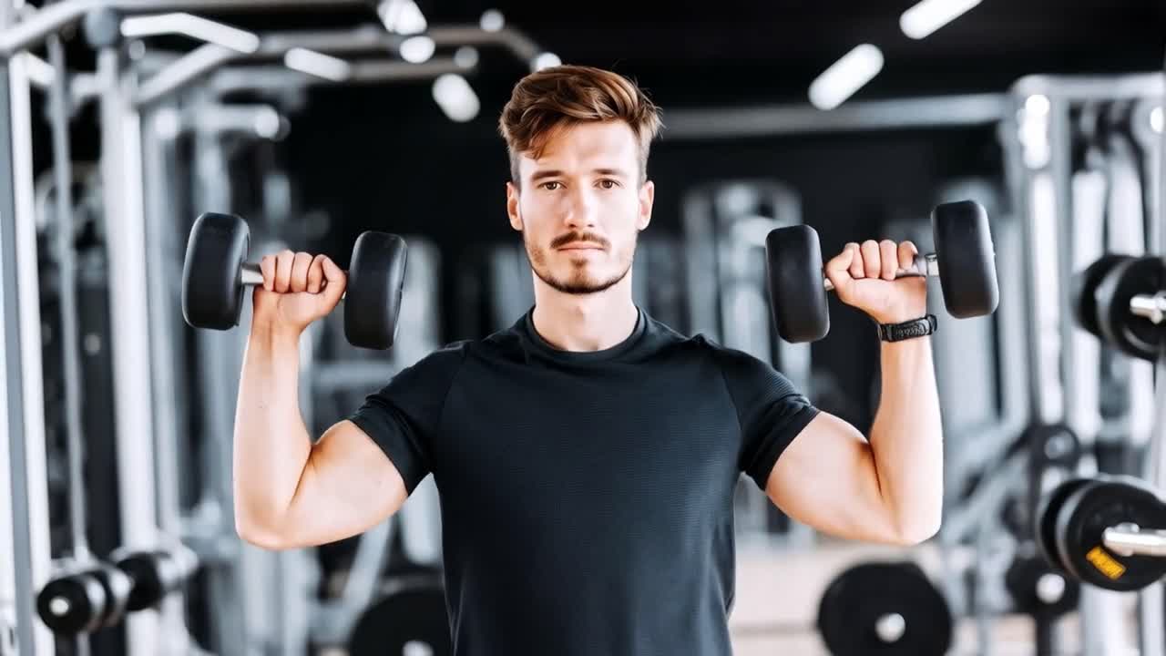 체육관 에서 덤벨 을 들어 올리는 남자