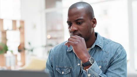 thinking, laptop and business black man typing