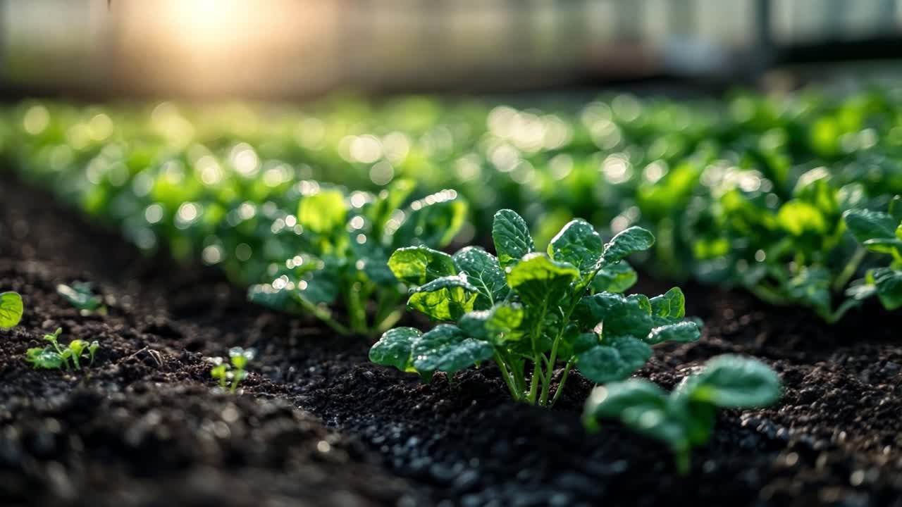 Rows of healthy seedlings growing in a field