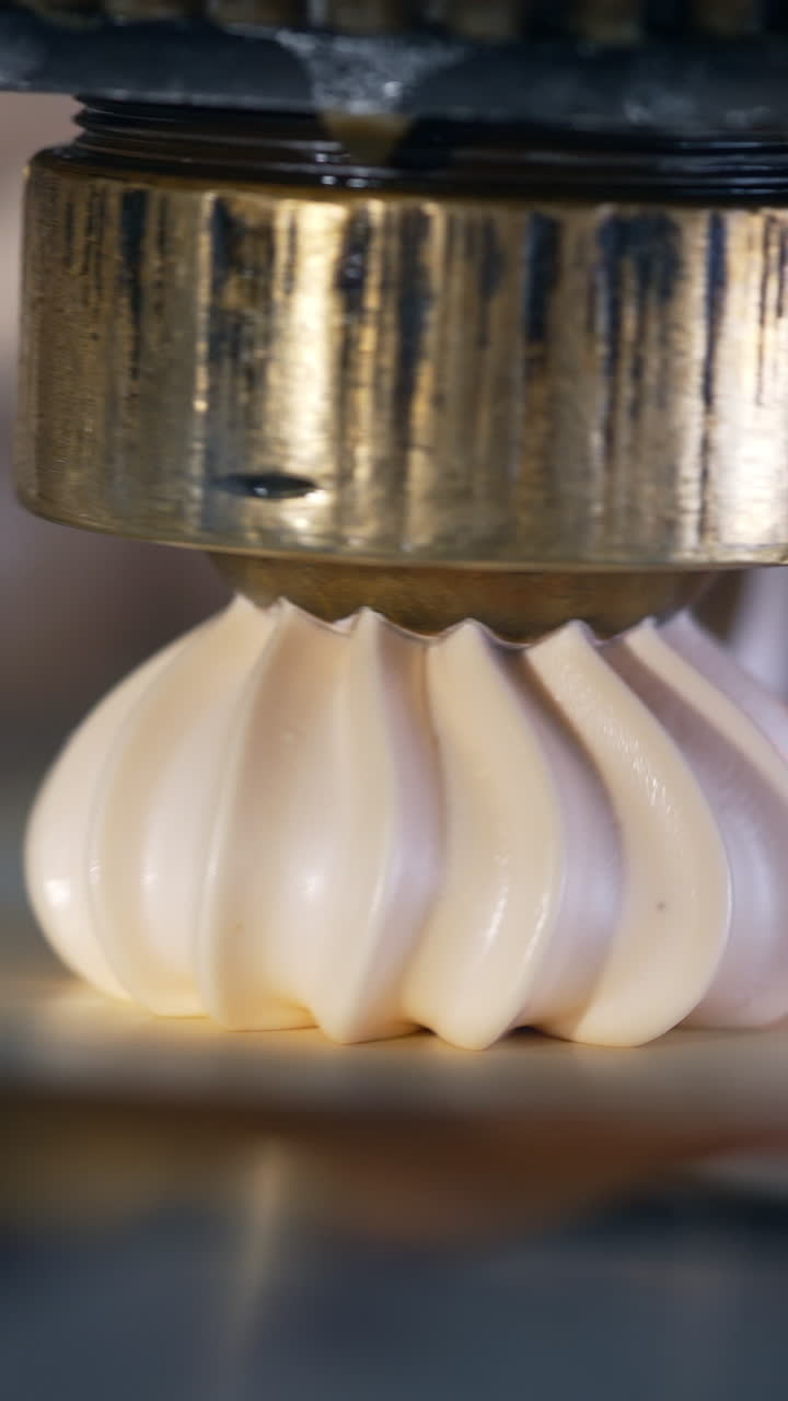 Beautifully shaped zephyr desserts are deposited onto conveyor belt. Automatic machine producing marshmalows. Close up. Blurred backdrop. Vertical video