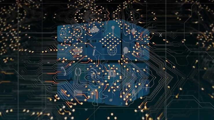 Data processing over grid network against microprocessor connections on black background
