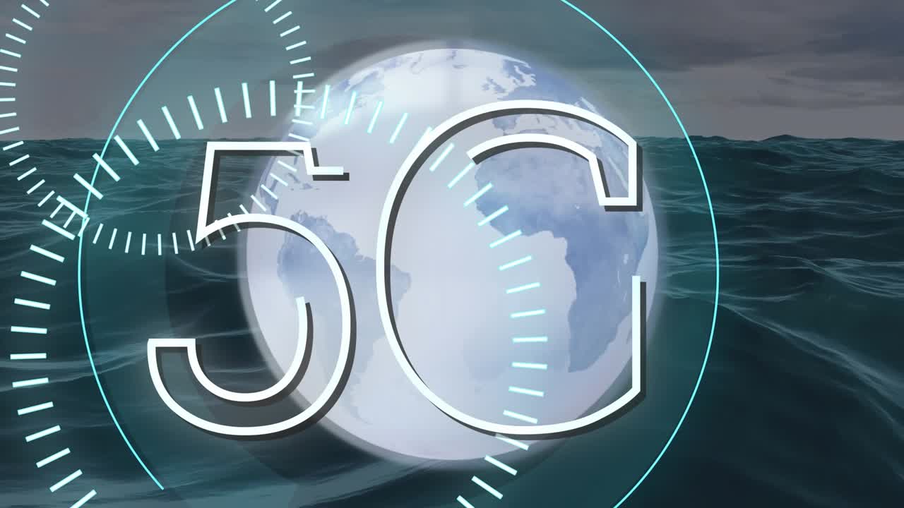 Animazione del 5G su un globo e un paesaggio marino