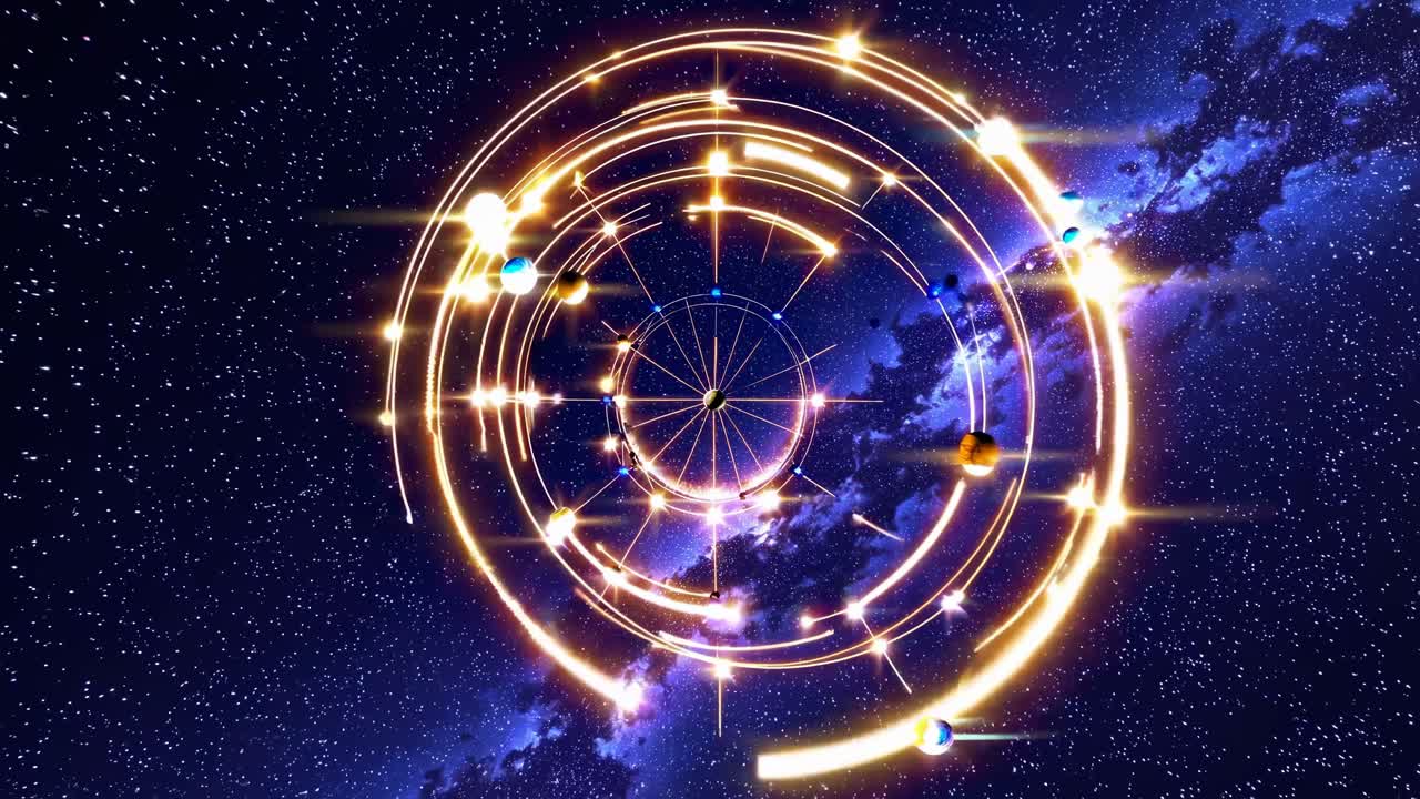A cosmic-themed video featuring a glowing circular structure with planets and stars