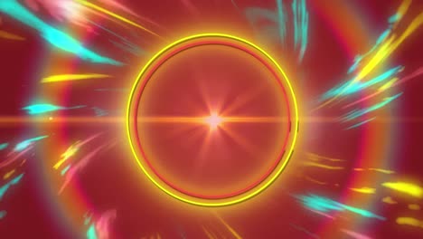 Animation-of-neon-glowing-circle-over-red-and-yellow-pulsating-rays