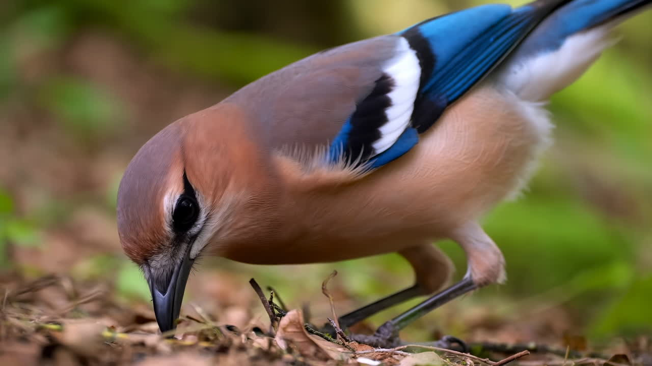 Primo piano di una ghiandaia eurasiatica che cerca cibo sul suolo della foresta