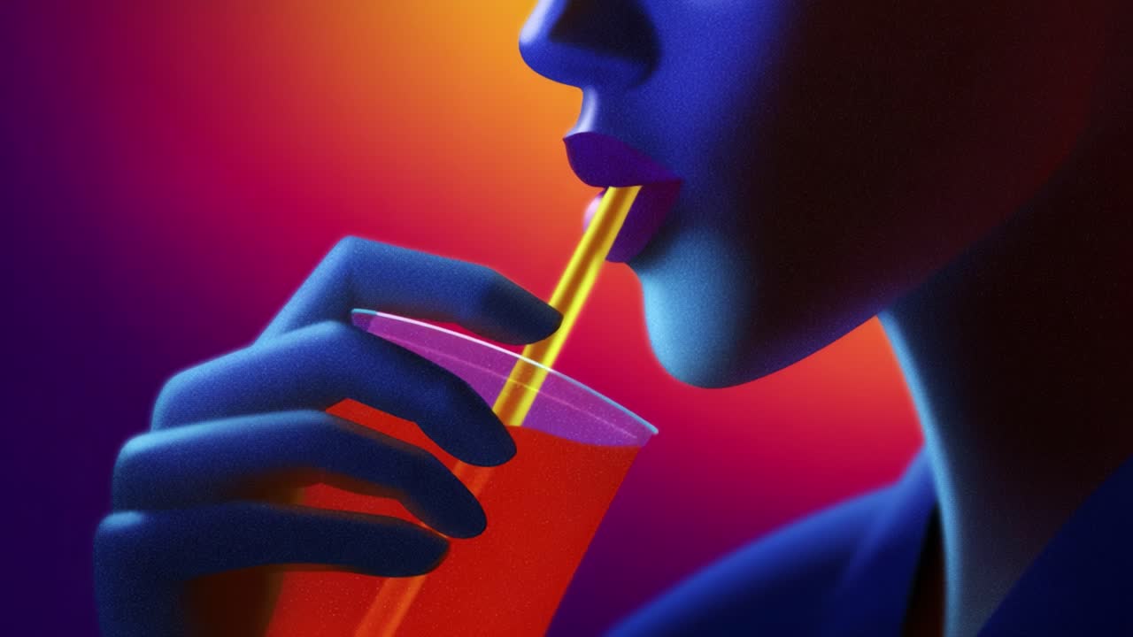 A close-up artistic representation of a person enjoying a refreshing drink through a straw, with vibrant colors complementing the evening ambiance in a visually captivating manner that highlights the moment
