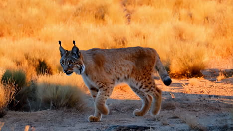 lynx walking through golden grass at sunset