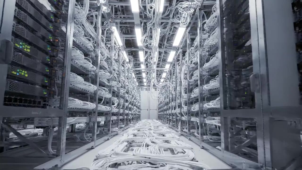 Indviklet netværk af forbindelse: Et indblik i et moderne datacenter med pæne rækker af ledninger og avanceret teknologi, der oplyser miljøet