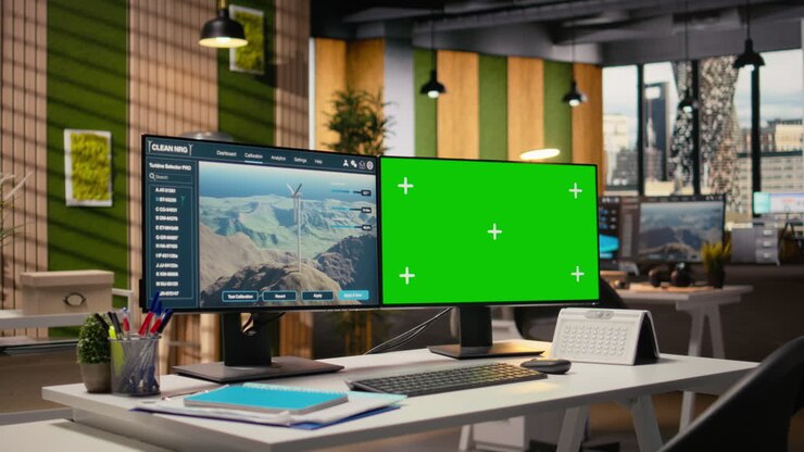 Simulazione di turbina eolica su PC mockup con schermo verde in ufficio R&S