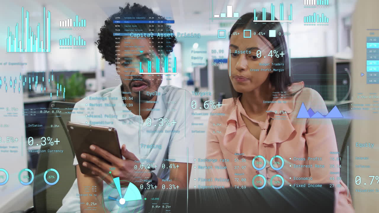 Animation of financial data processing over diverse business people in office