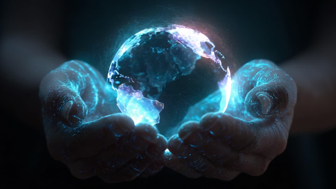 Human hands holding a futuristic and glowing digital hologram of the planet Earth, symbolizing concepts of global connection, future technology, environmental care, and the metaverse