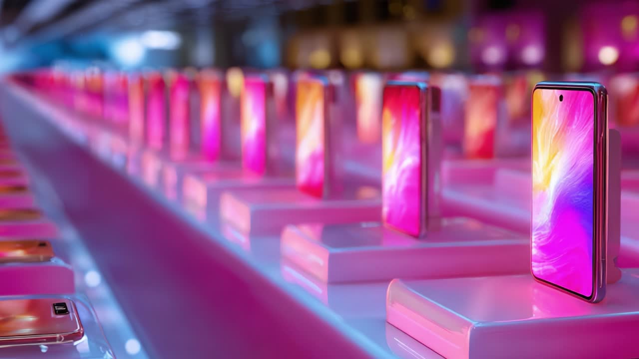 A Vibrant Display of Modern Smartphones Showcasing Stunning Colors and Design in a Futuristic Retail Environment, Highlighting Technology and Innovation in Consumer Electronics