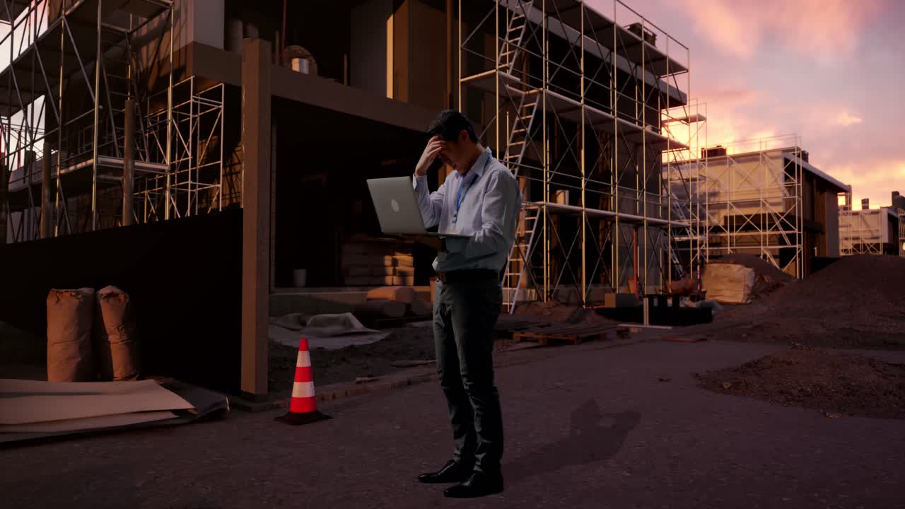 Full Body Side View Of An Asian Male Professional Worker Standing With His Laptop At Construction Site in Progress to New House, Typing And Dissapionted With Nodding His Head