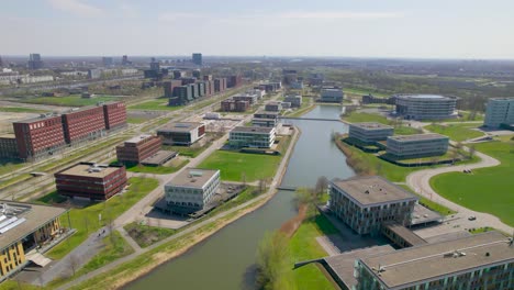 Aerial-view-over-office-buildings-in-Utrecht,-Netherlands