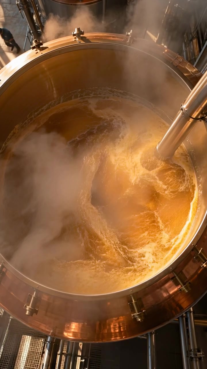 Amber liquid circulates rapidly inside a wide copper vessel, forming pale foam around a metal pipe while thick steam drifts upward through warm directional light.