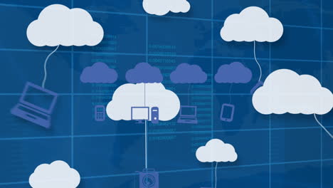 animation of clouds with technology icons over graphs and data on blue background