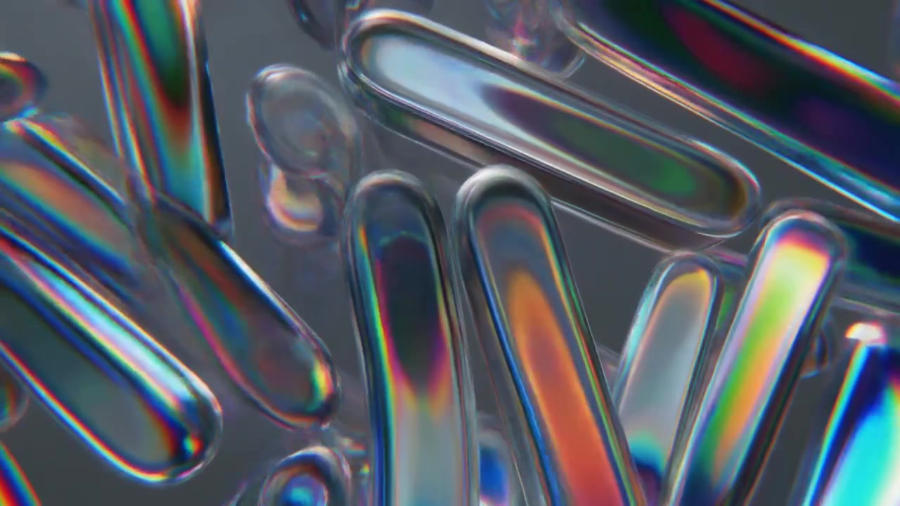 Abstract 3D Animation of Floating Iridescent Glass Capsules