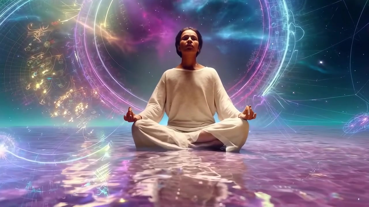Persona che medita in un paesaggio cosmico surreale.