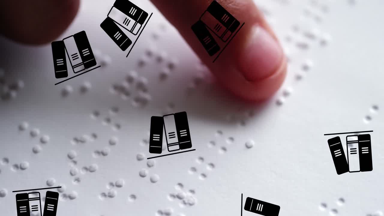 브라이엘 문자를 읽는 소년 위에 있는 학교 물건 아이콘의 애니메이션