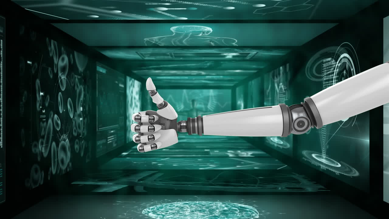 manos robóticas gestando pulgares hacia arriba y procesamiento de datos médicos