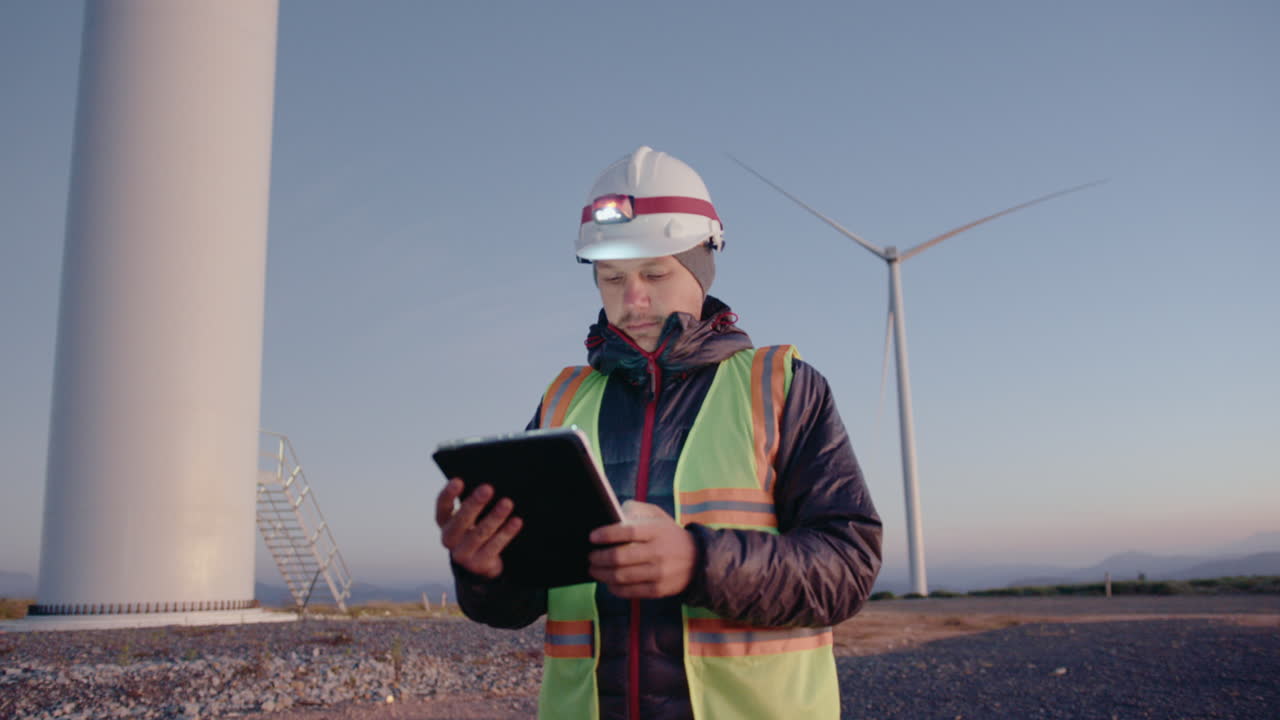 Engineer Working with Digital Tablet at Wind Farm
