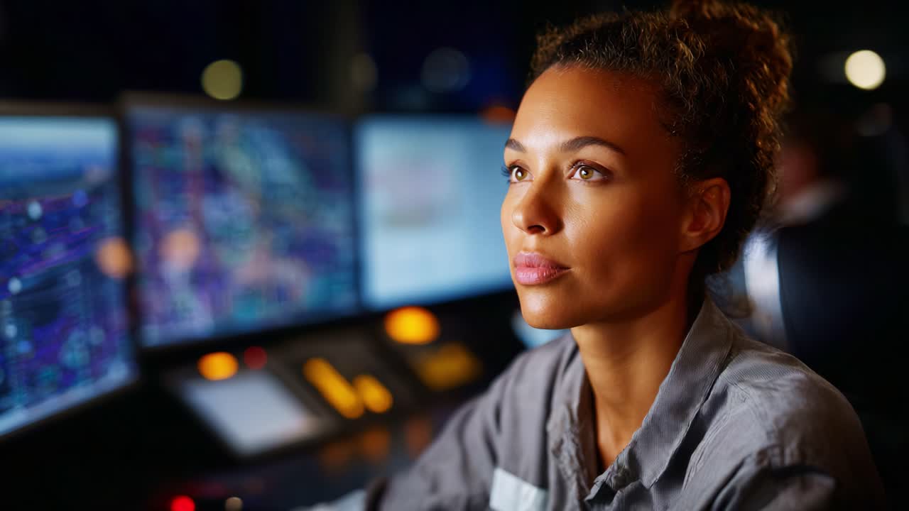 Focused Operator Analyzing Data Displays in a Modern Control Room at Night