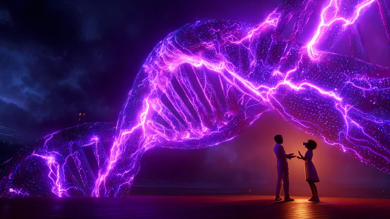 A Stunning Visualization of DNA in a Surreal Environment: Two Figures Stand Hand-in-Hand Beneath a Vividly Lit DNA Helix, Illuminated by Electric Purple Energy in a Dreamlike Scene