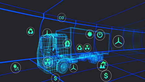 animación de múltiples iconos digitales sobre un modelo de camión 3d que se mueve en un patrón sin costuras en un túnel