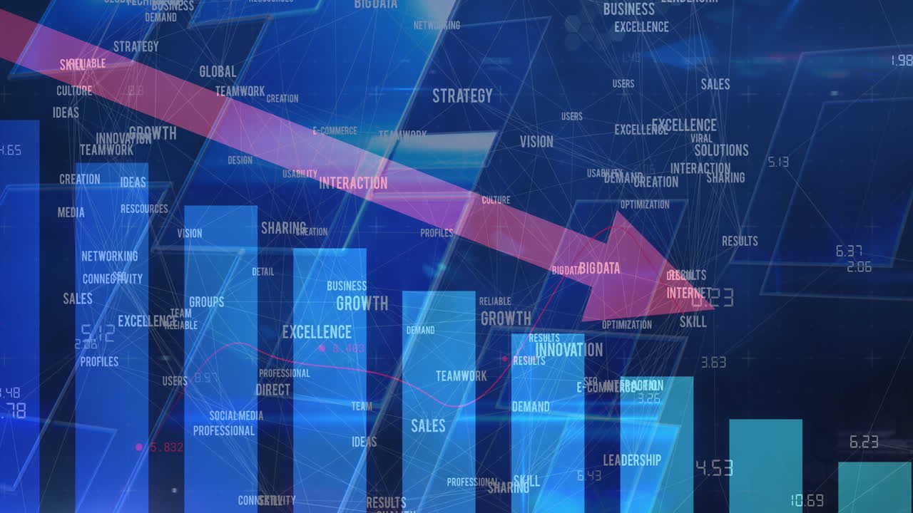 animación de las estadísticas con flecha roja apuntando hacia abajo y texto comercial