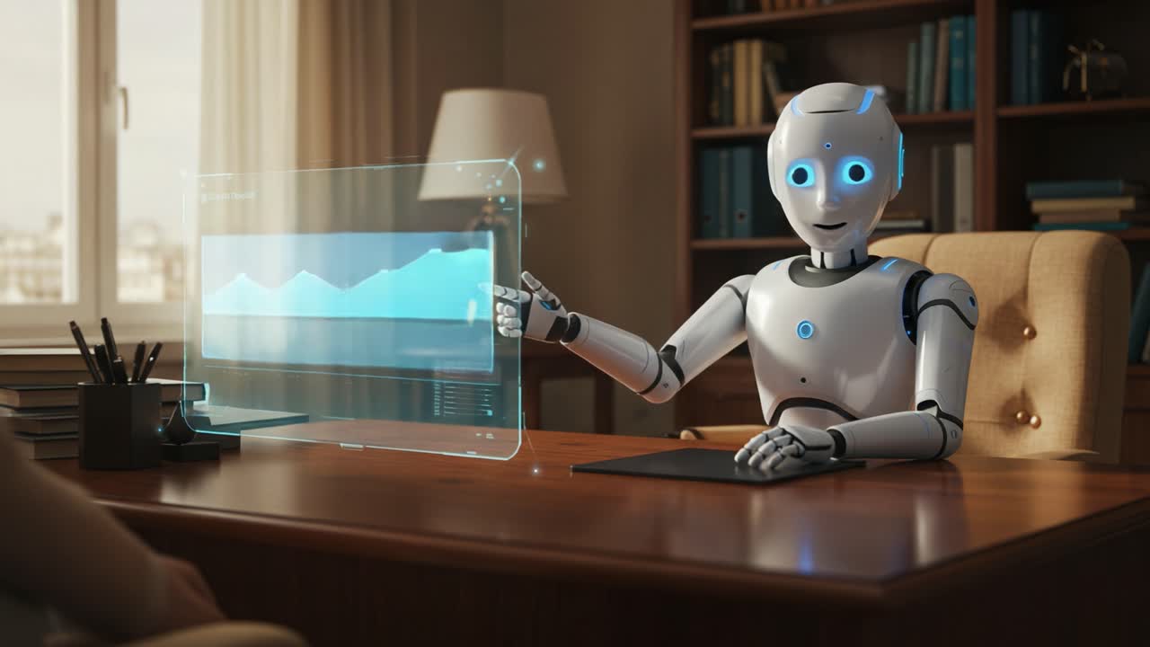 Engaging AI Assistant Discussing Data Insights in a Modern Office Setting, Showcasing Advanced Technology and Interactive Interface for Enhanced Communication Experience