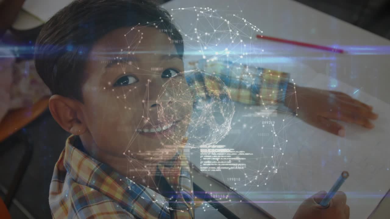 Male pupil writing pencil at desk, lifting head and smiling while data globe hovering for education