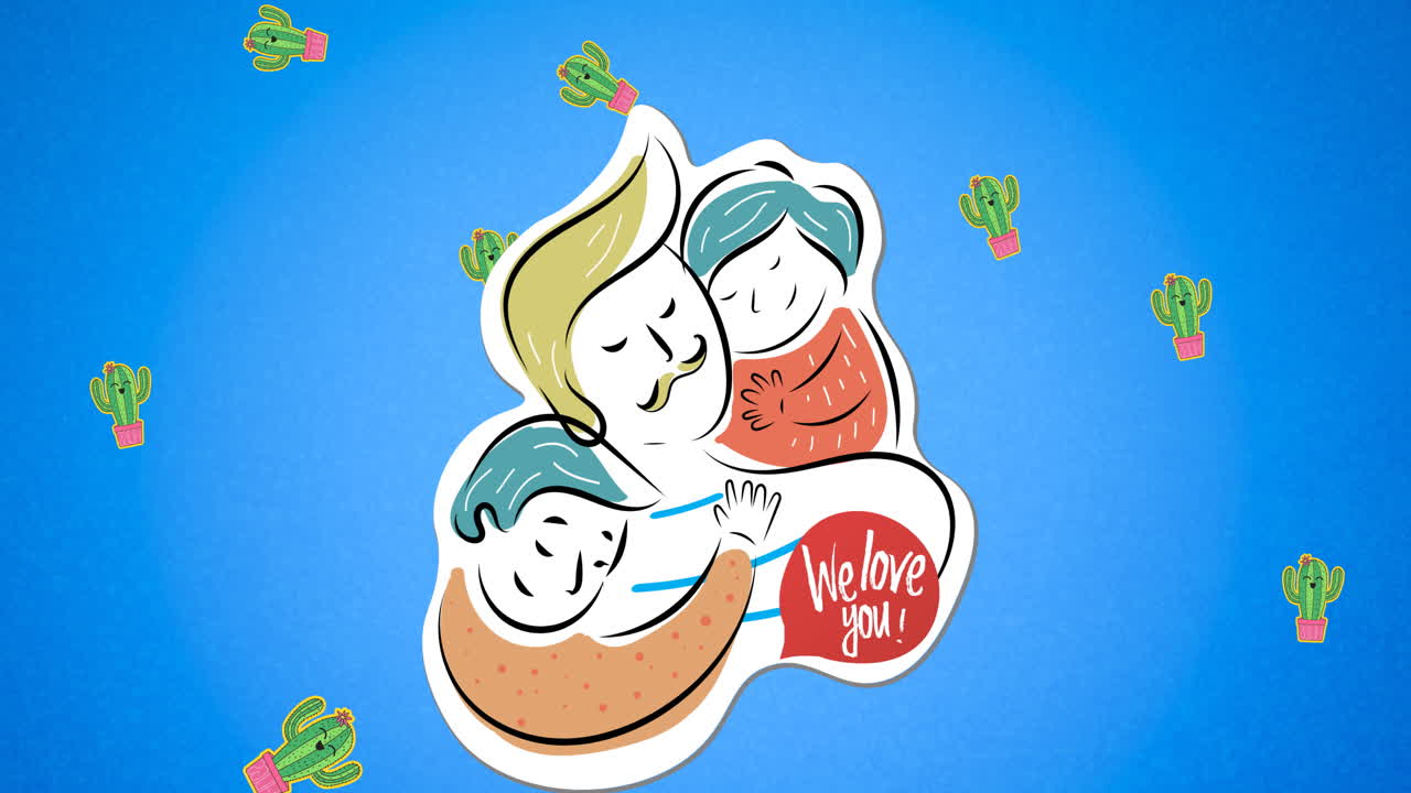 파란색 배경에 포옹하는 가족의 구성