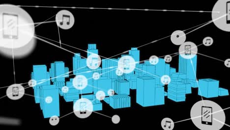 Animation-Eines-Netzwerks-Von-Verbindungen-Mit-Symbolen-über-Einer-3D-Stadtzeichnung-Auf-Schwarzem-Hintergrund