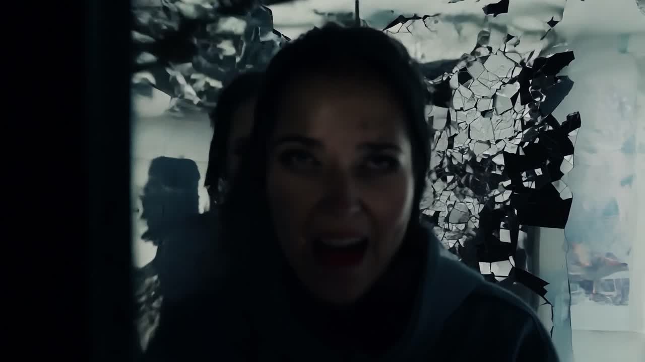 겁에 질린 여자는 폭발에서 도망쳤고, 혼란과 파괴가 그녀를 둘러싸고 펼쳐지면서 공황으로 비명을 지르고 있습니다.