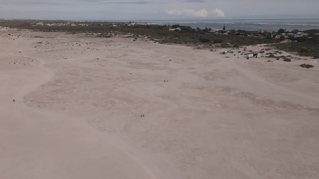 Aerial footage in the Lancelin Sand Dunes, showing an advance towards the Indian Ocean in Perth, Western Australia