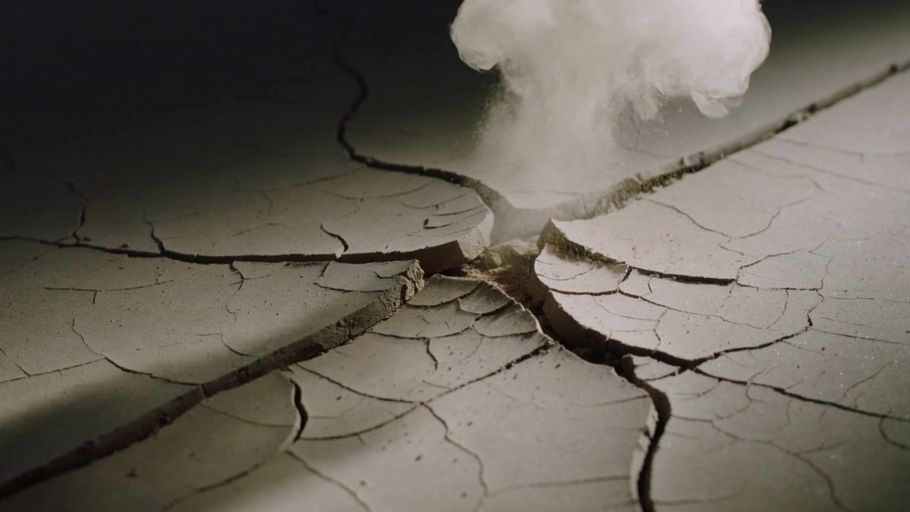 Erupting dry cracked surface with white puff appearing from center fissure in macro, casting shadow