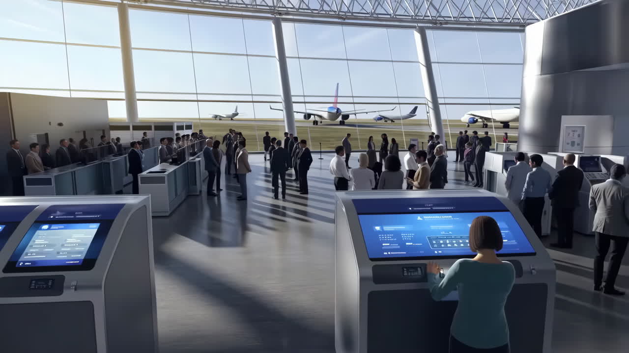 Modern Airport Terminal Interior with Passengers and Airplanes on Tarmac