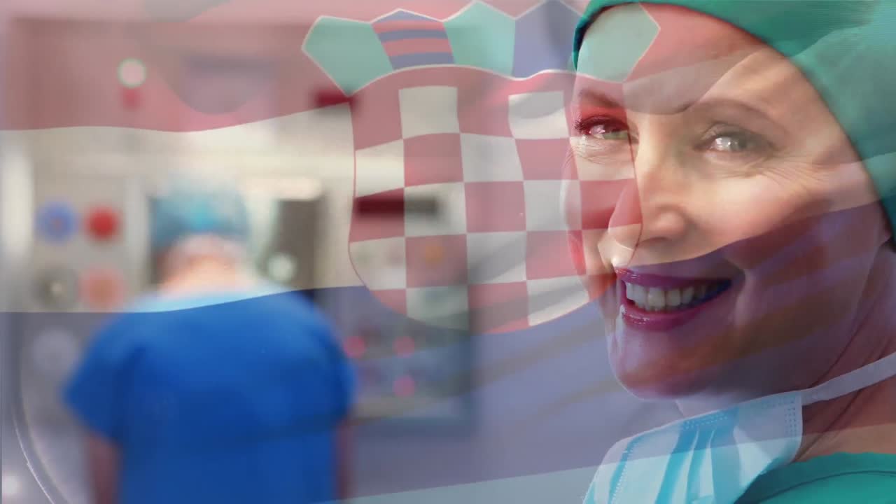 수술실에서 여성 외과 의사가 크로아티아  ⁇ 발을 흔들고 있는 애니메이션